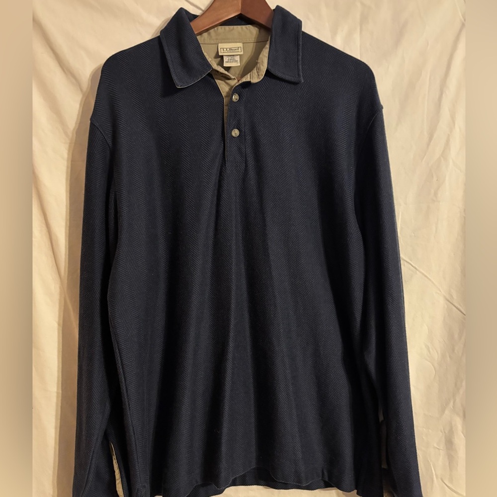 Vintage LLBean herringbone, men’s long sleeve rugby polo shirt, 100% cotton, 90s